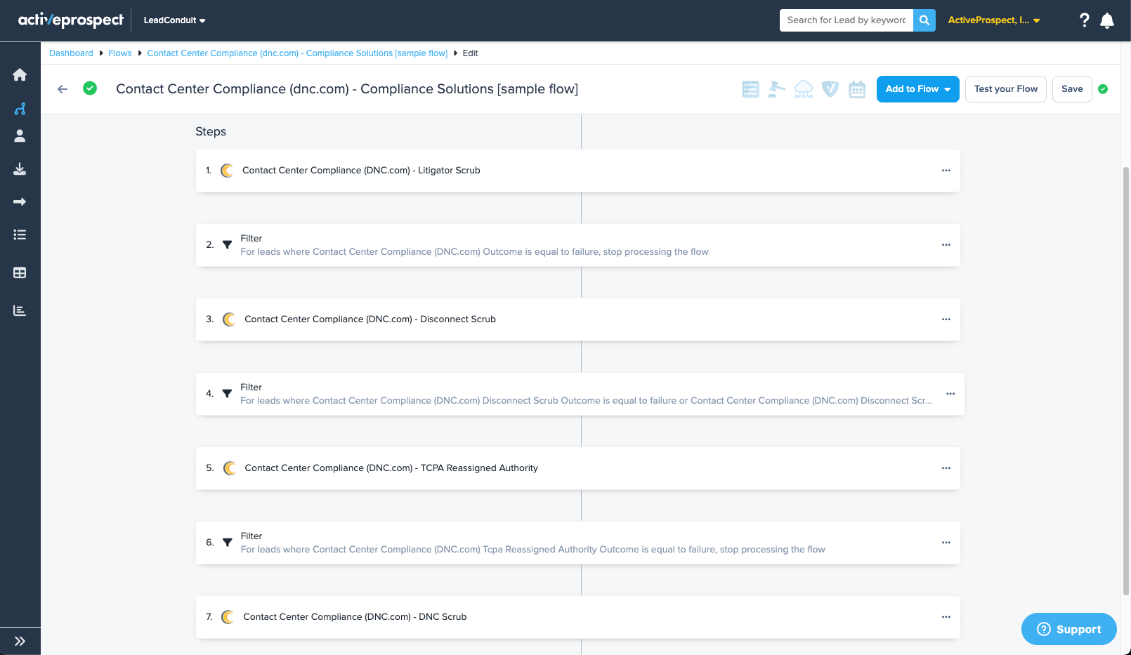 Contact Center Compliance dnc.com Add‑On and Integrations steps in a flow