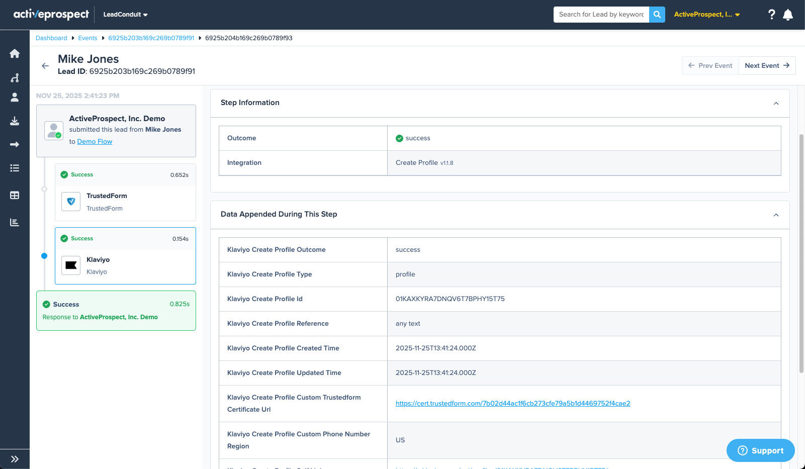 Delivery Event with TrustedForm data