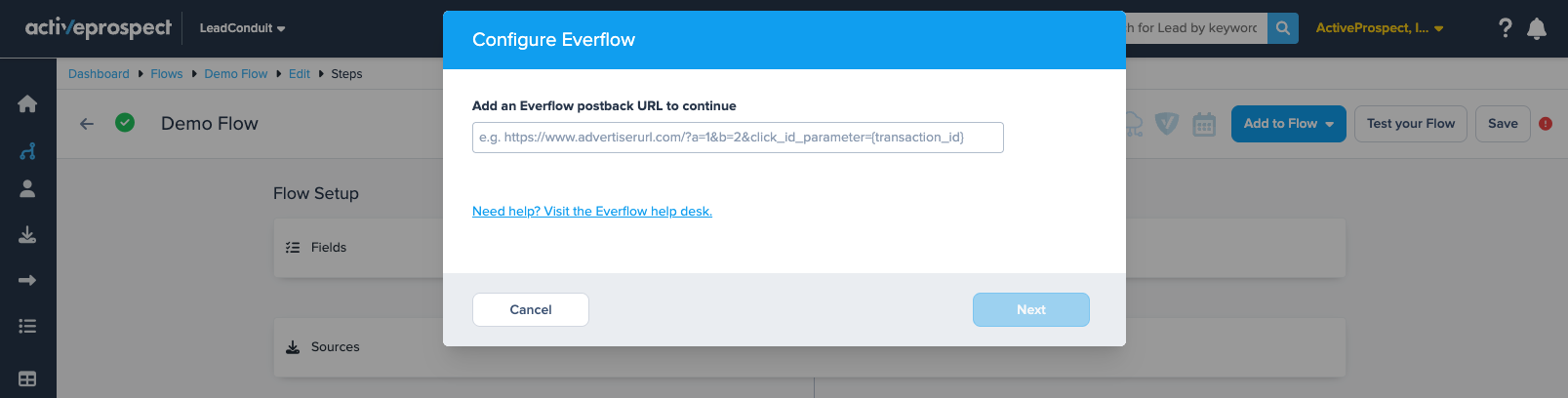 Everflow configuration screen