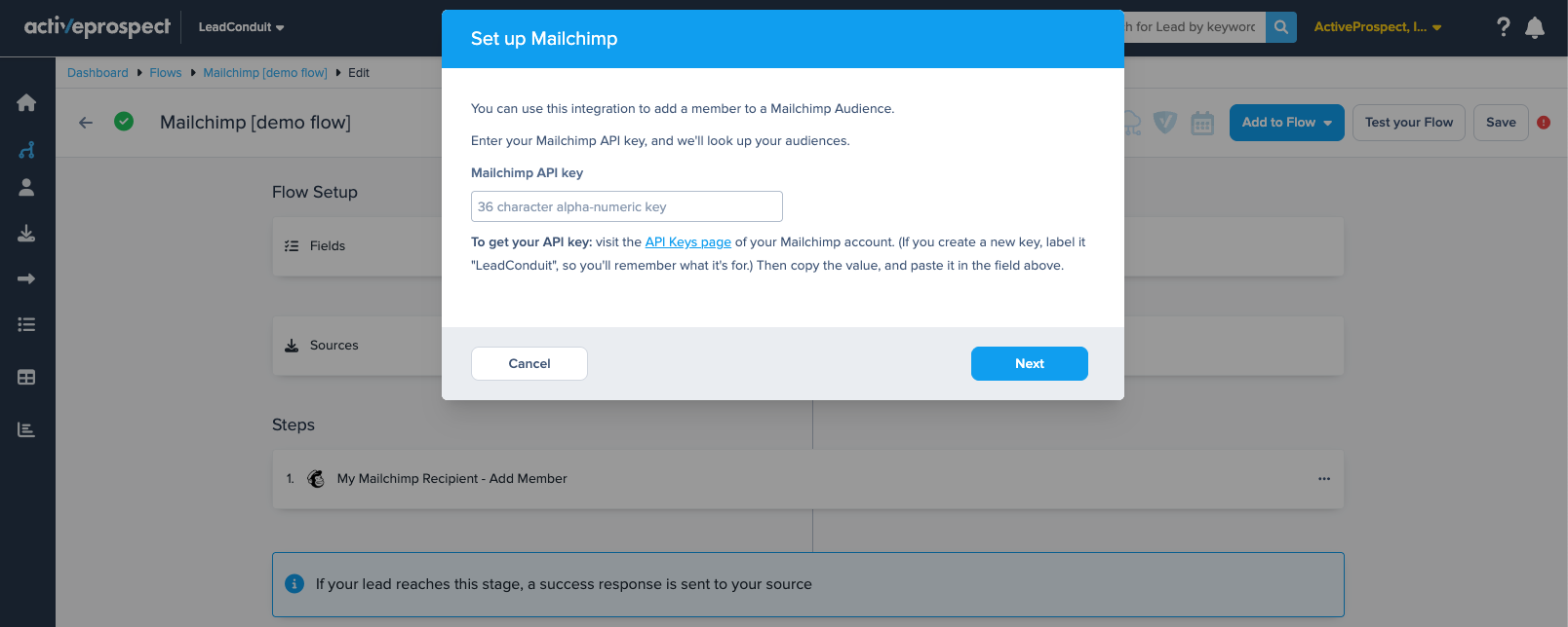 Mailchimp configuration screen