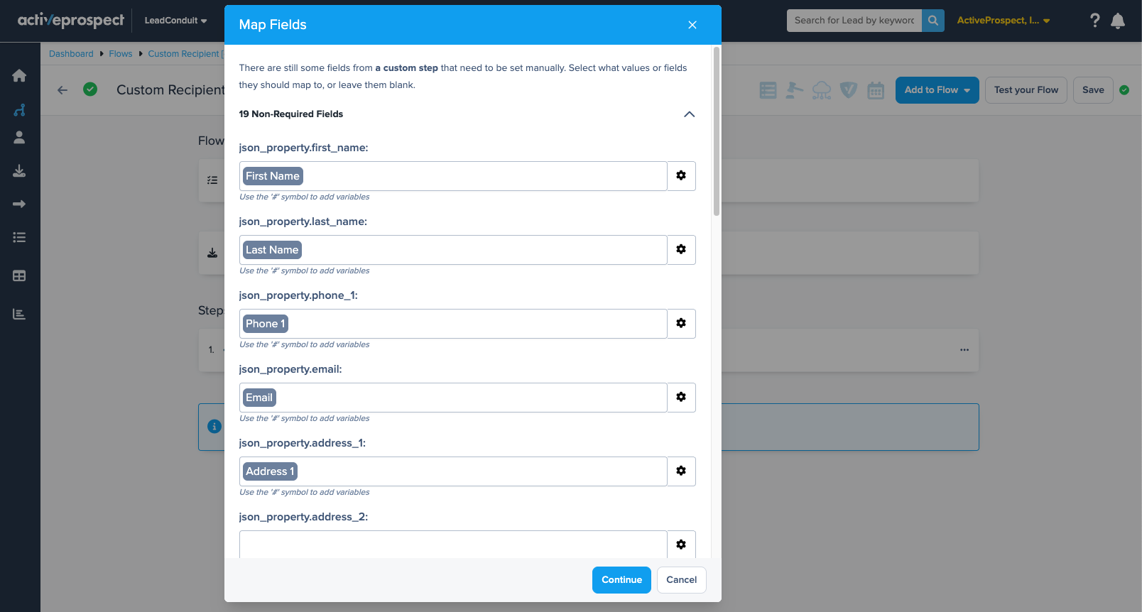 Map Fields modal for Custom Recipient