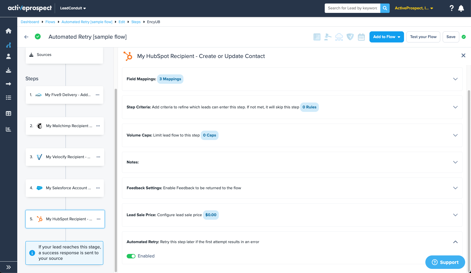 Automated Retry configuration on a HubSpot step