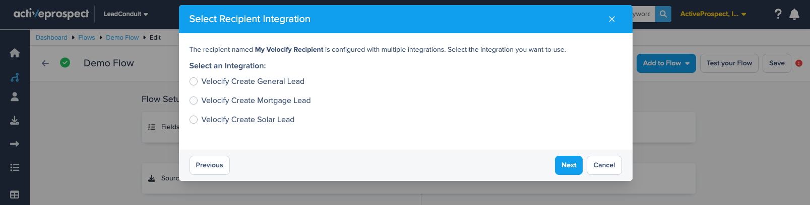 Velocify configuration screen
