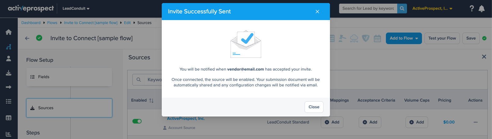 Invitation sent confirmation modal