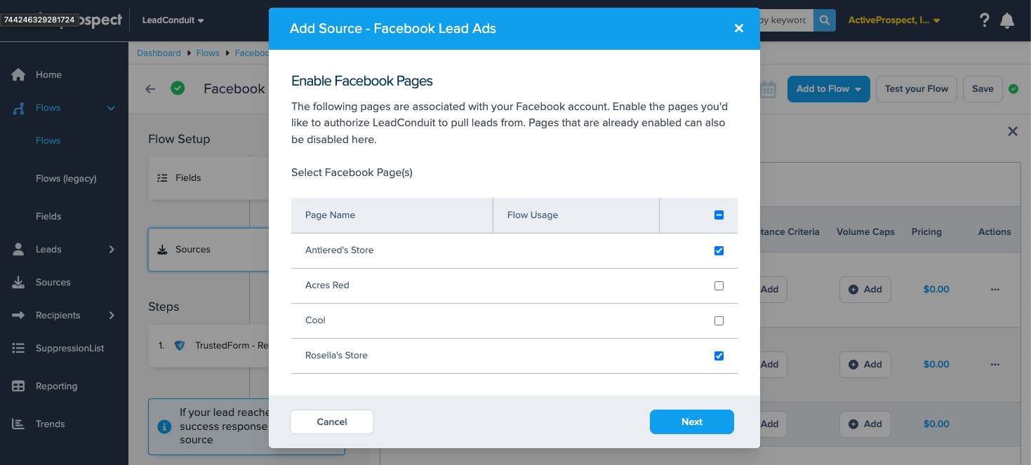Facebook integration configuration modal