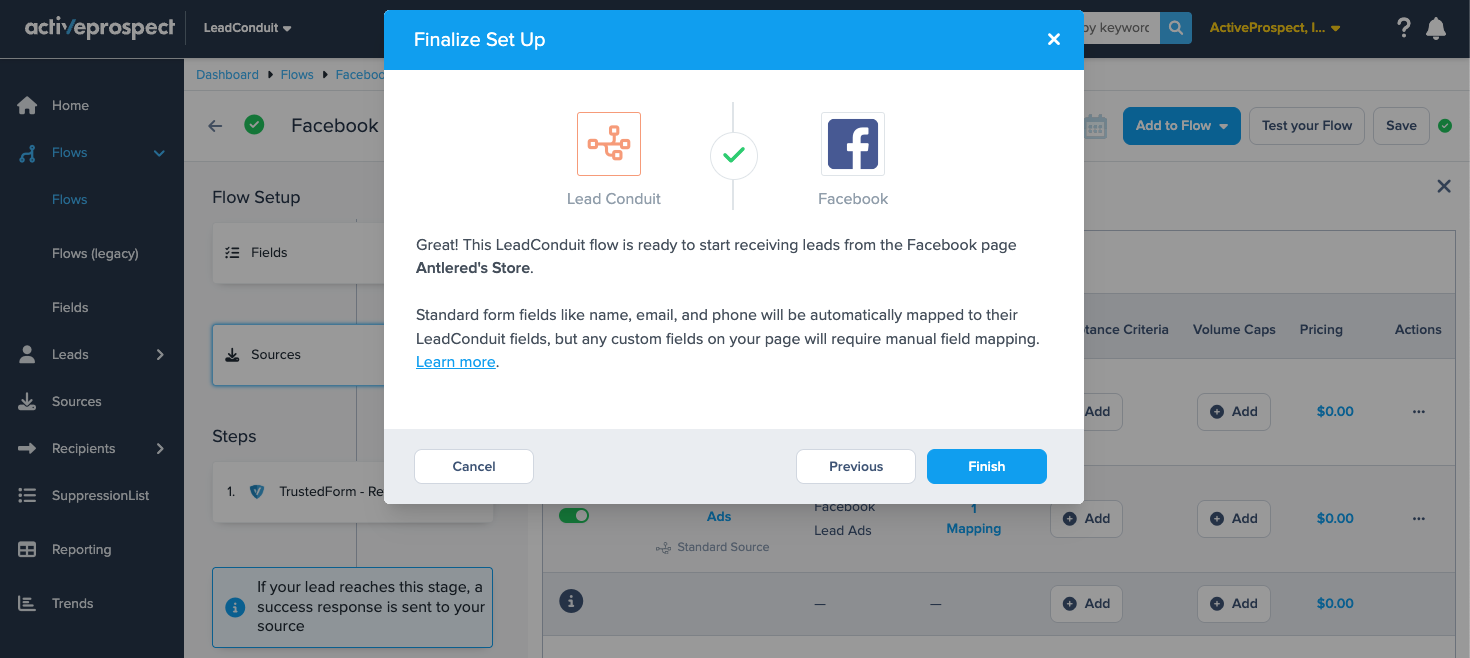 Facebook integration confirmation modal