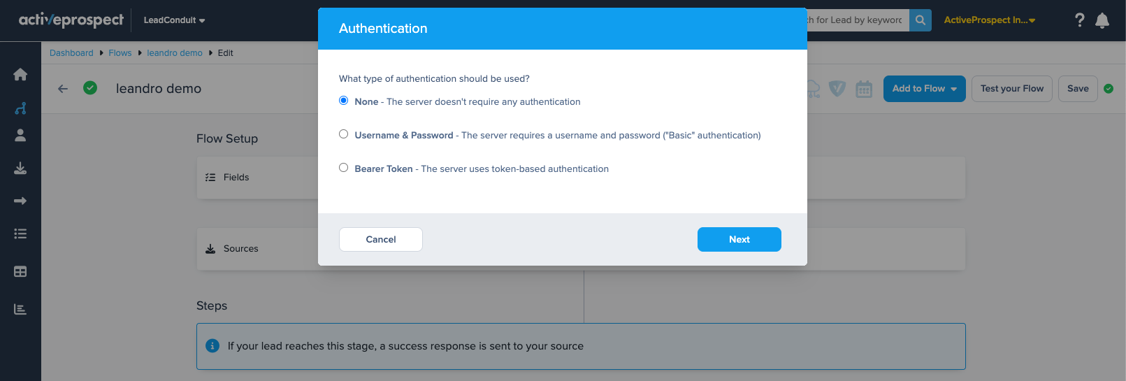 json authentication modal