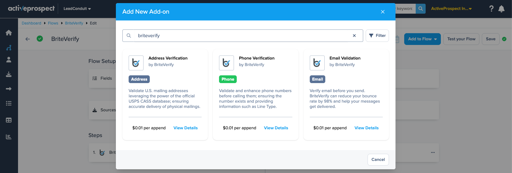 briteverify services in the add-ons catalog