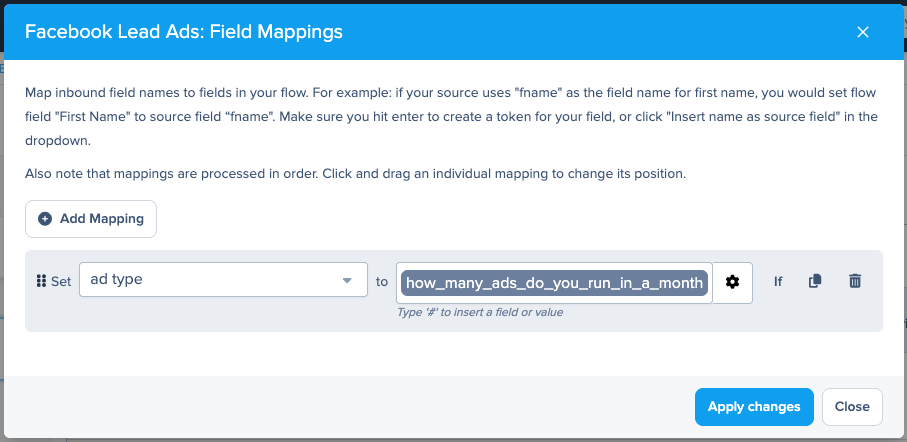 custom field mapping for the Facebook Lead Ads integration