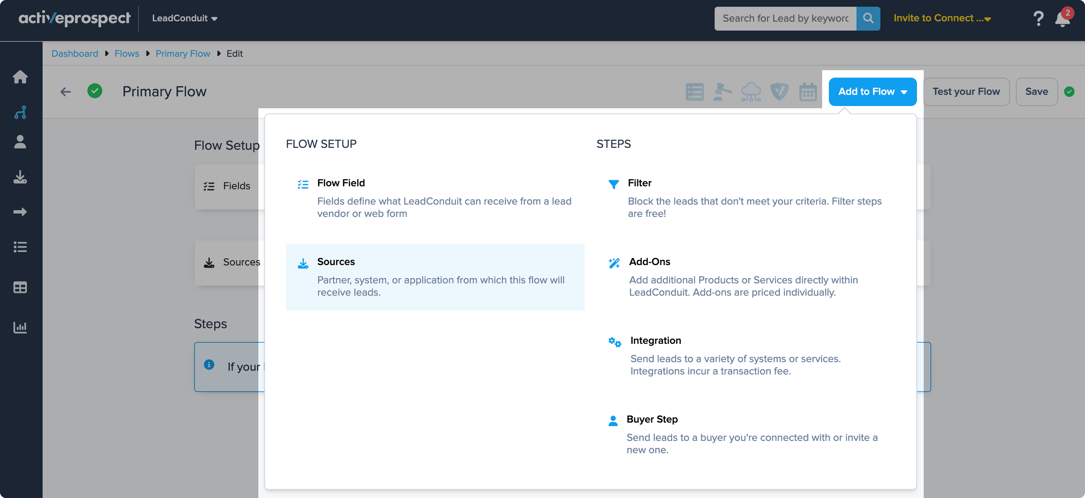Add Source to flow menu