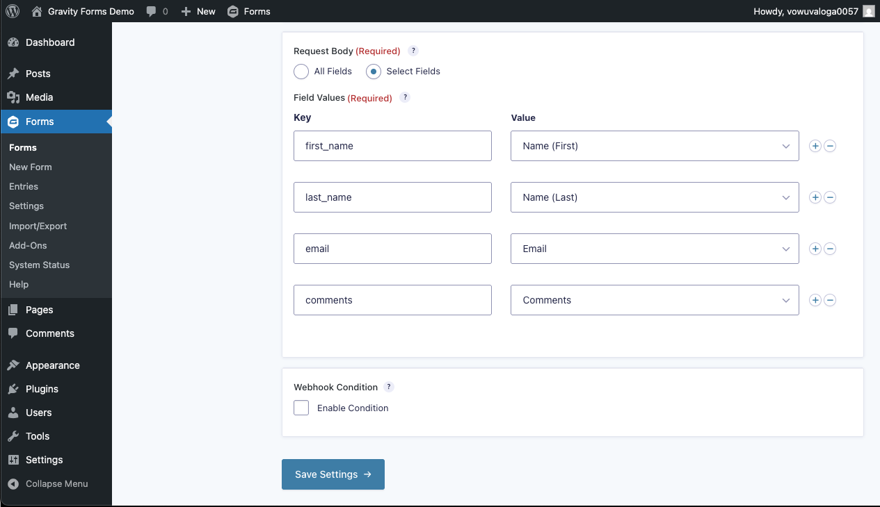 Form Settings → Webhooks → Add New → Request URL / Request Body / Key-Value mapping