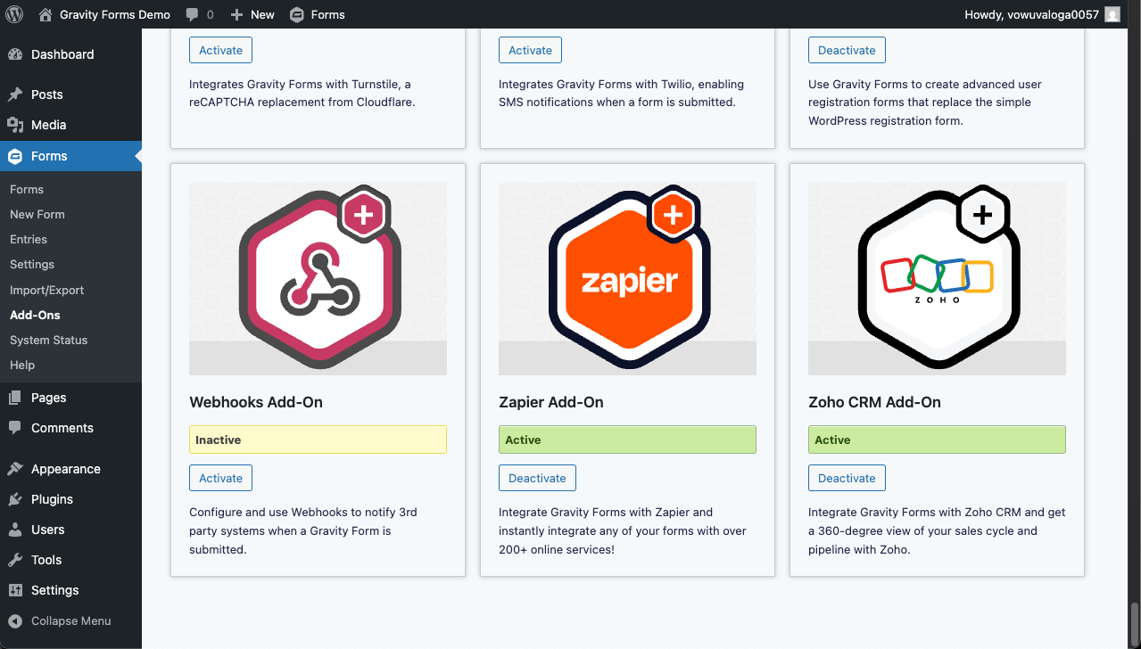 Forms → Add-Ons → Activate (Webhooks Add-On)