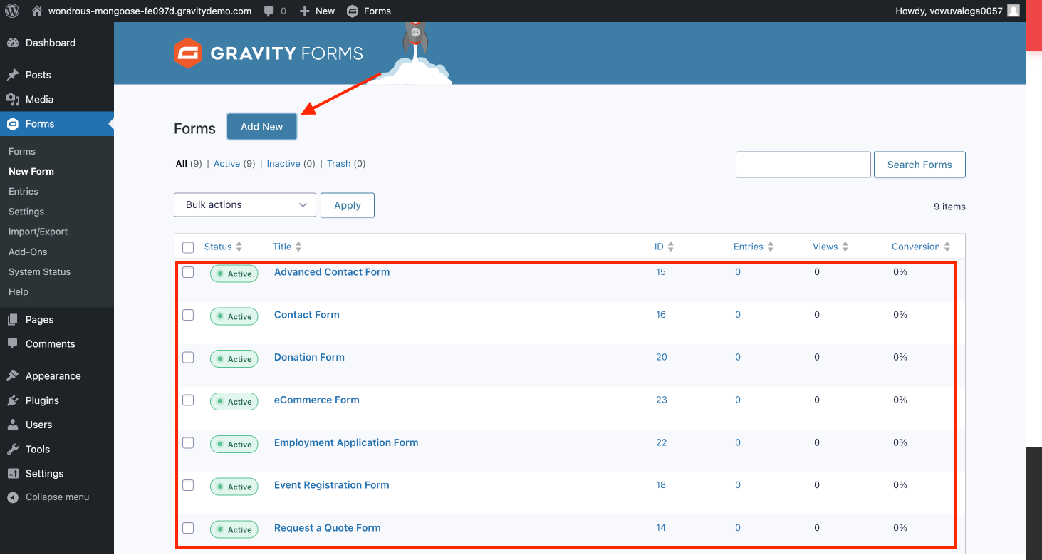WordPress Dashboard → Forms → Add New