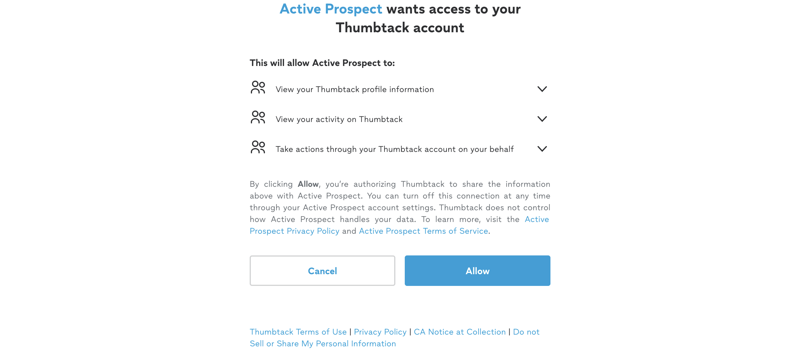 Thumbtack oauth modal