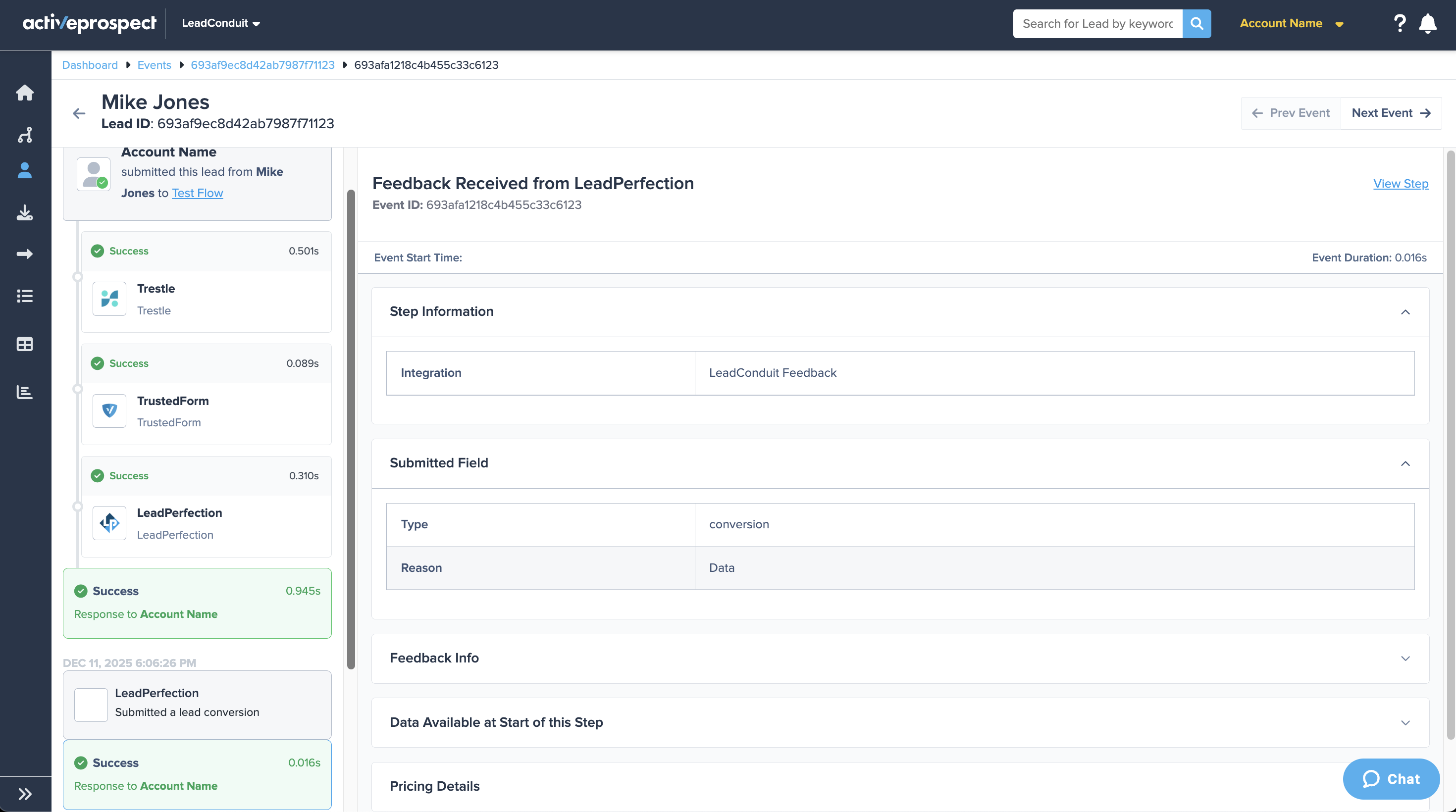 leadperfection feedback event