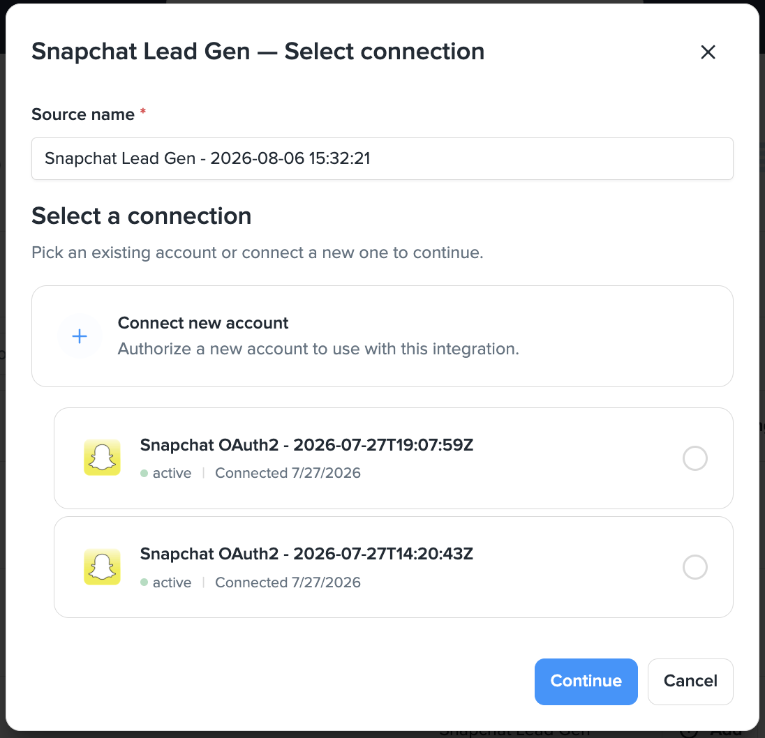 Select connection step showing authenticated Snapchat accounts