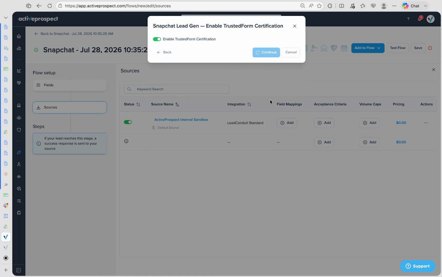 Enable TrustedForm Certification step