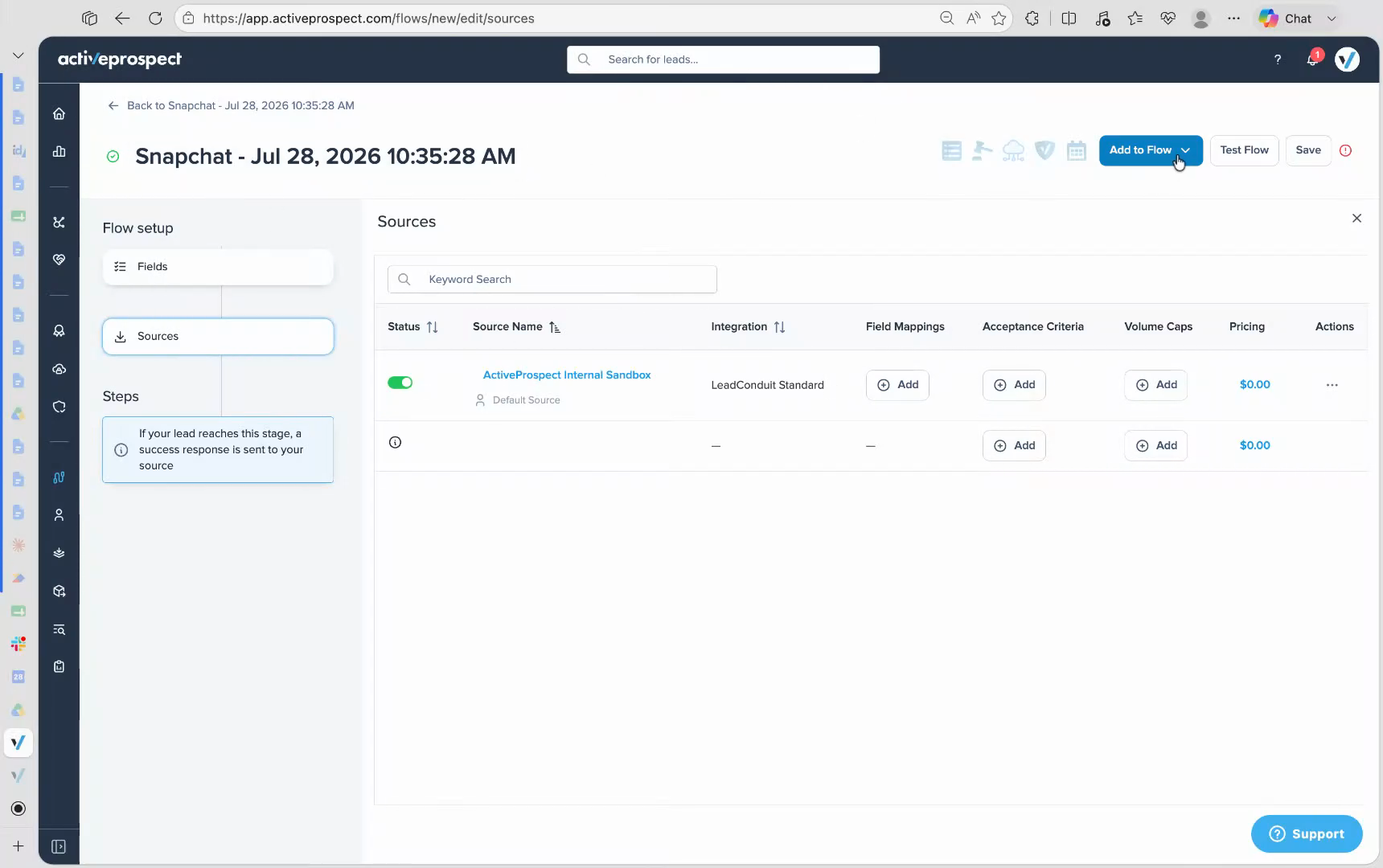 Flow open on the Sources tab with the Add to Flow button