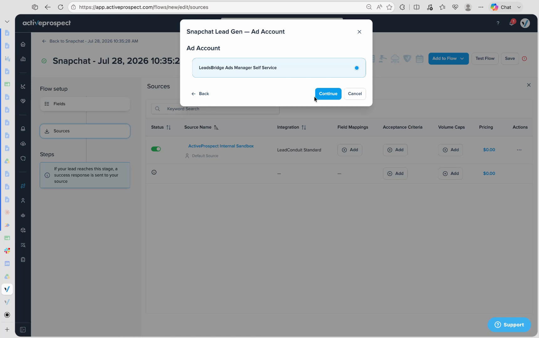 Ad Account selection step