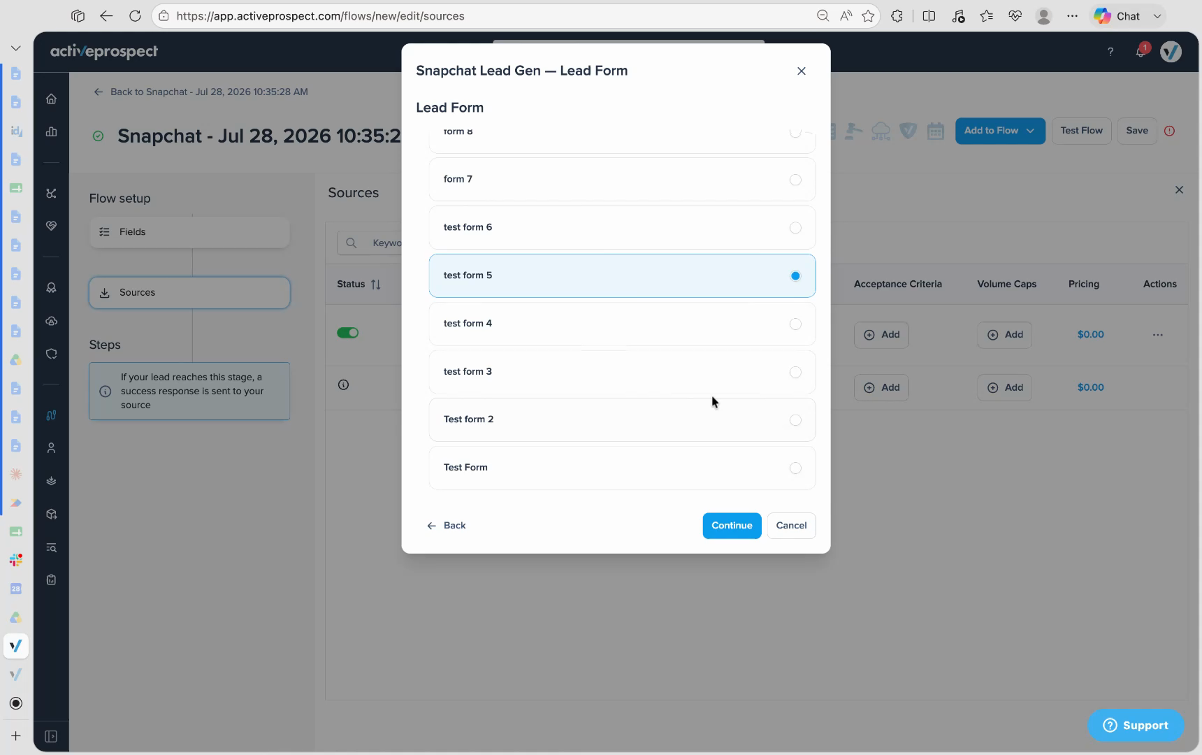 Lead Form selection step