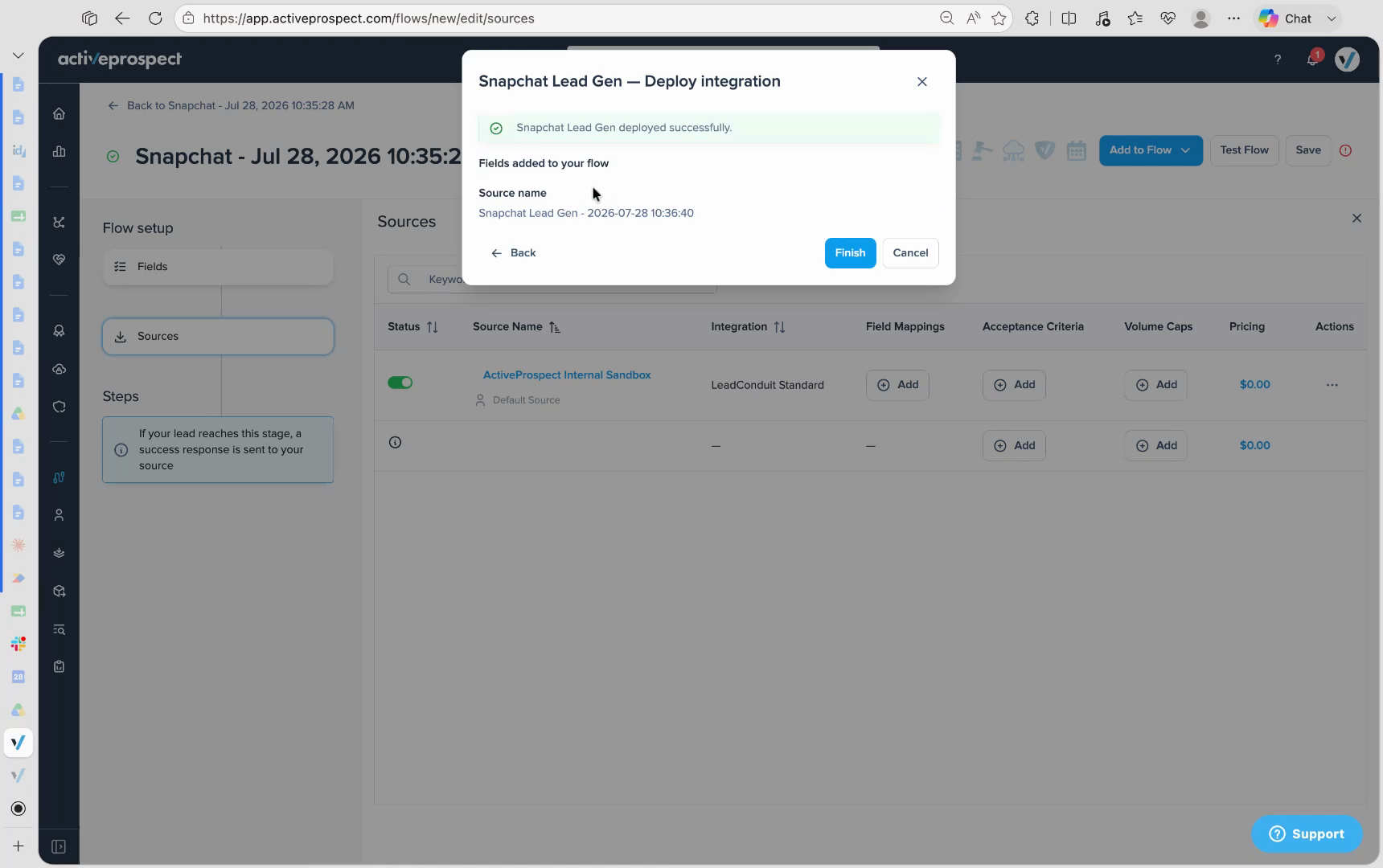 Deploy integration step showing a successful deployment