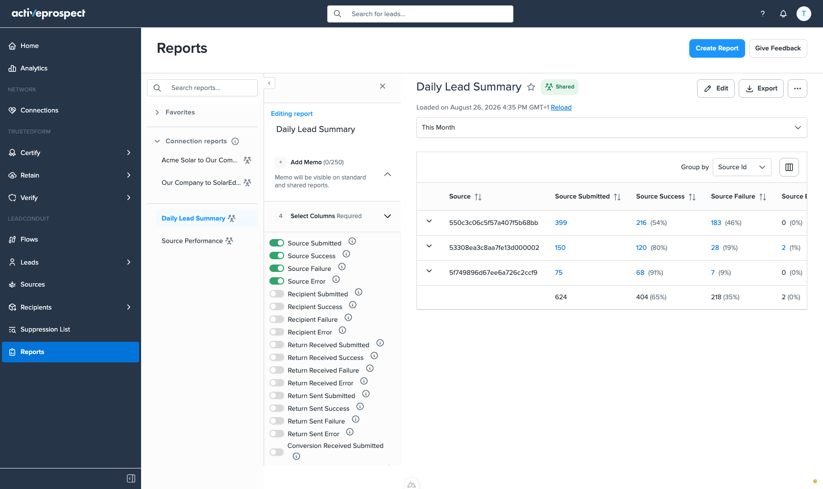 The report editor with the Select Columns section expanded