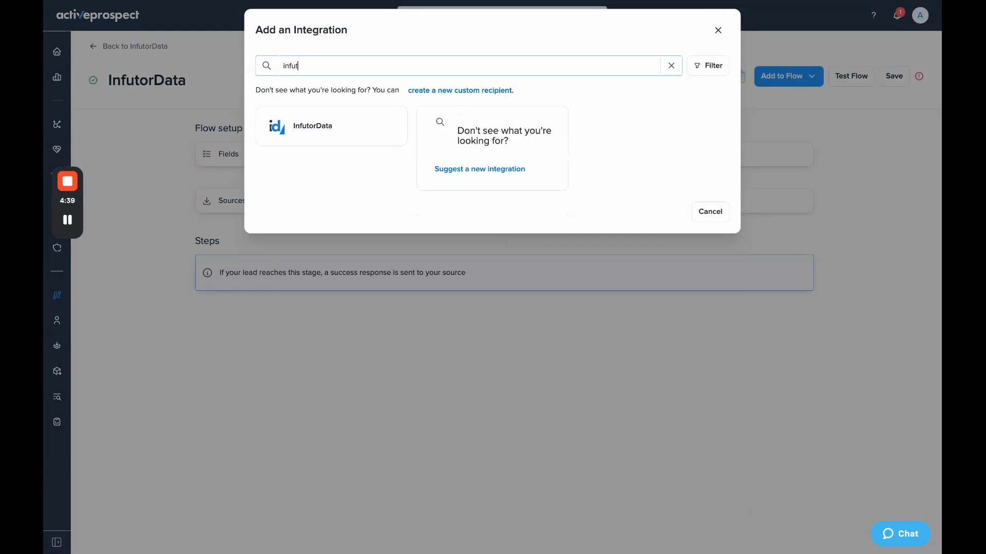 Add an Integration dialog with the InfutorData tile shown for the search term