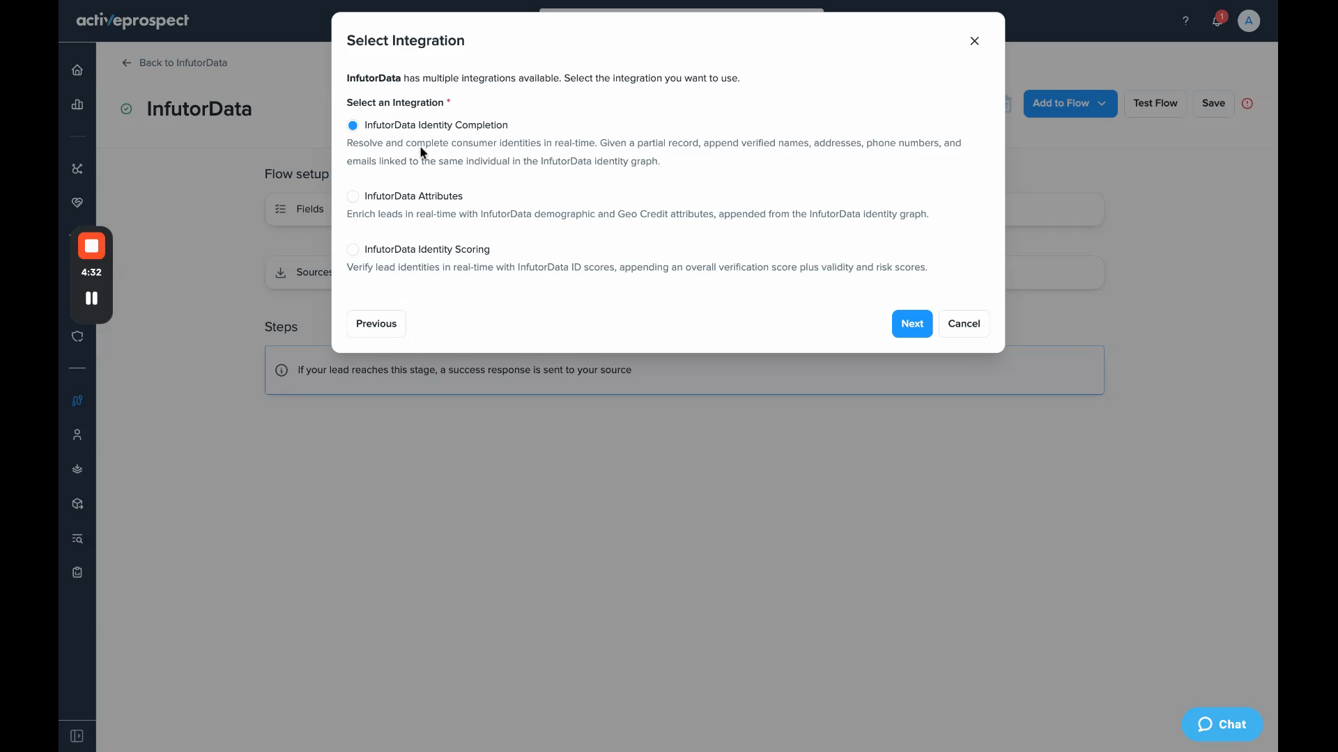 Select Integration dialog with InfutorData Identity Completion selected