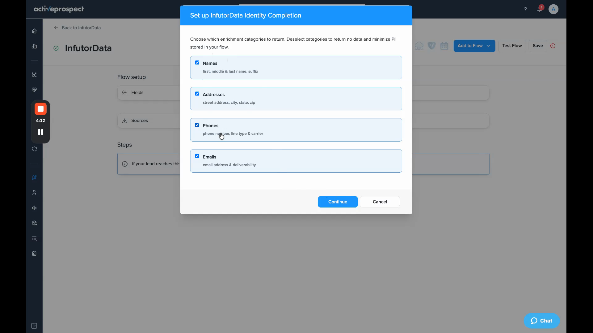 Enrichment category checkboxes for Names, Addresses, Phones, and Emails