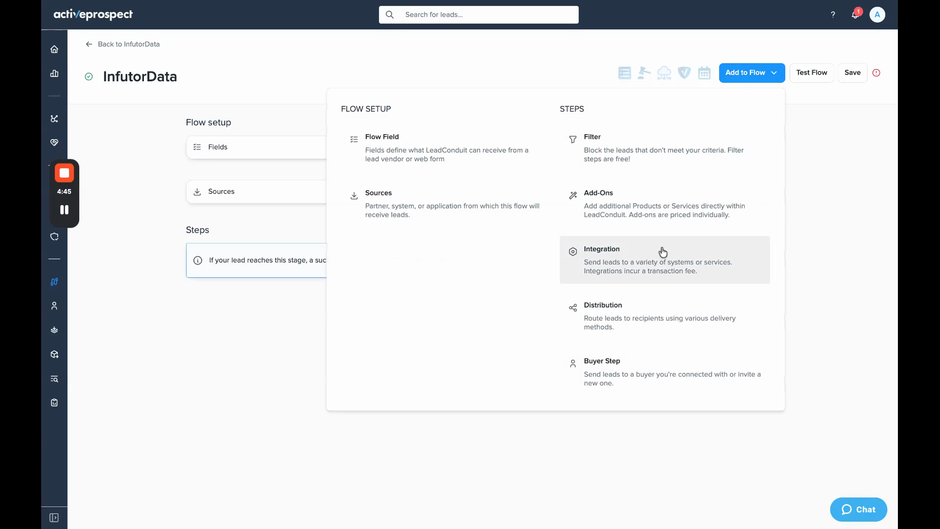 Add to Flow menu with Integration highlighted under Steps