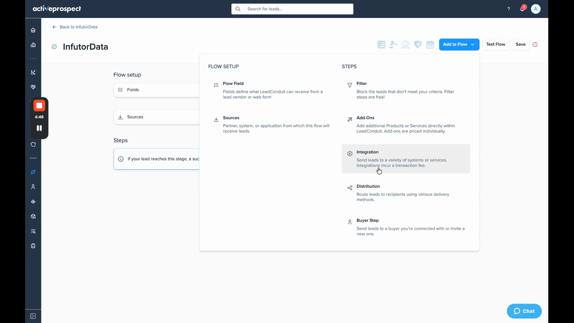 Add to Flow menu with Integration highlighted under Steps