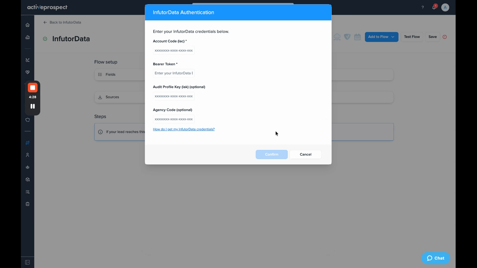 InfutorData Authentication dialog with Account Code, Bearer Token, and optional fields