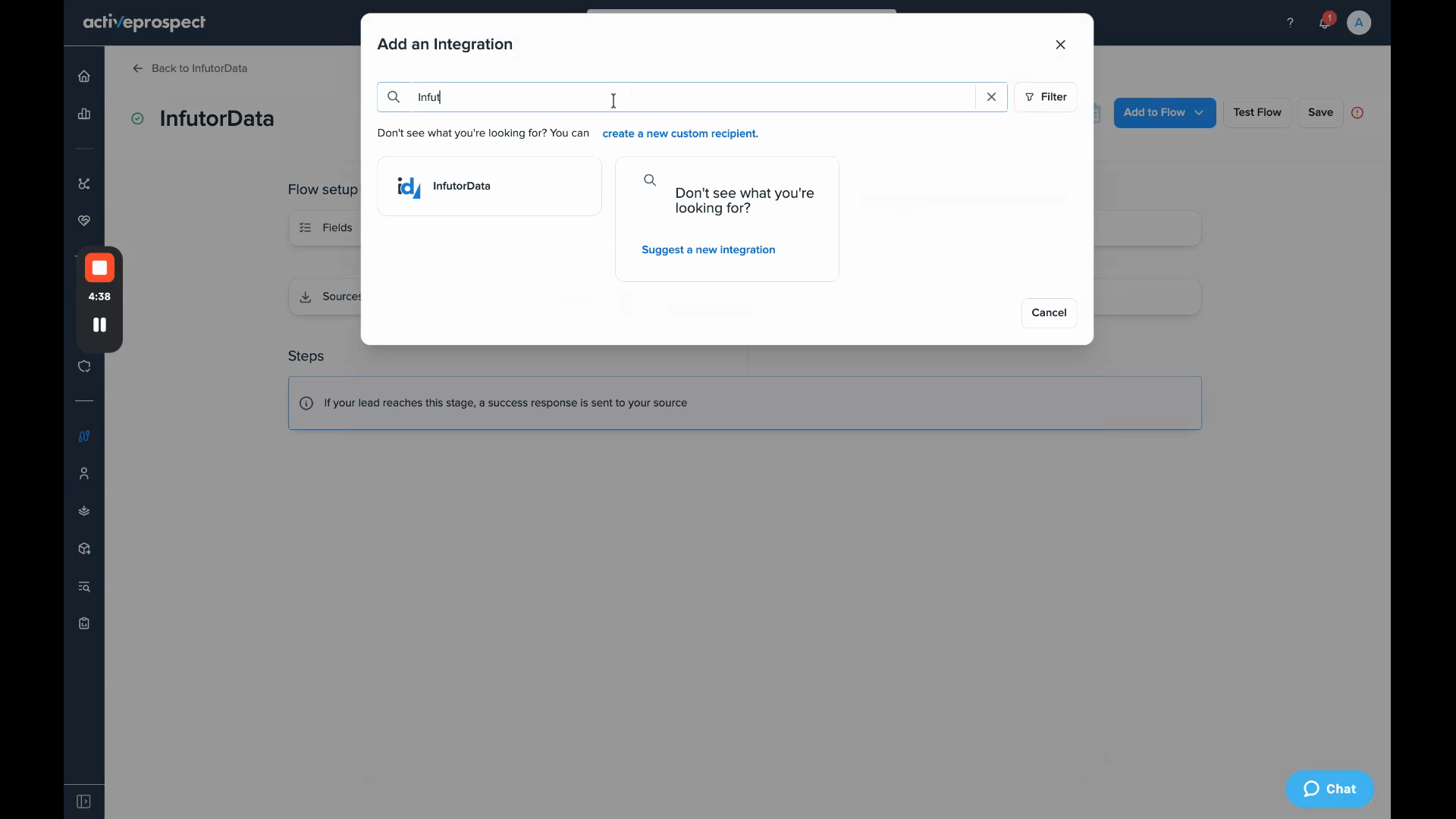 Add an Integration dialog with the InfutorData tile shown for the search term