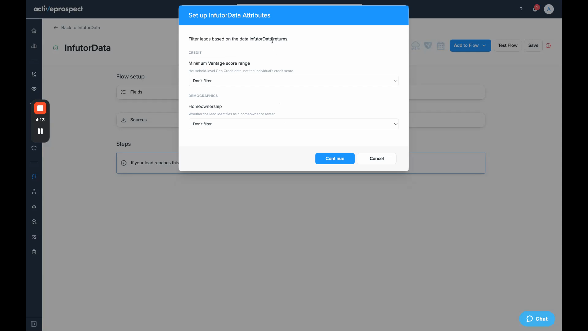Filter settings for Minimum Vantage score range and Homeownership