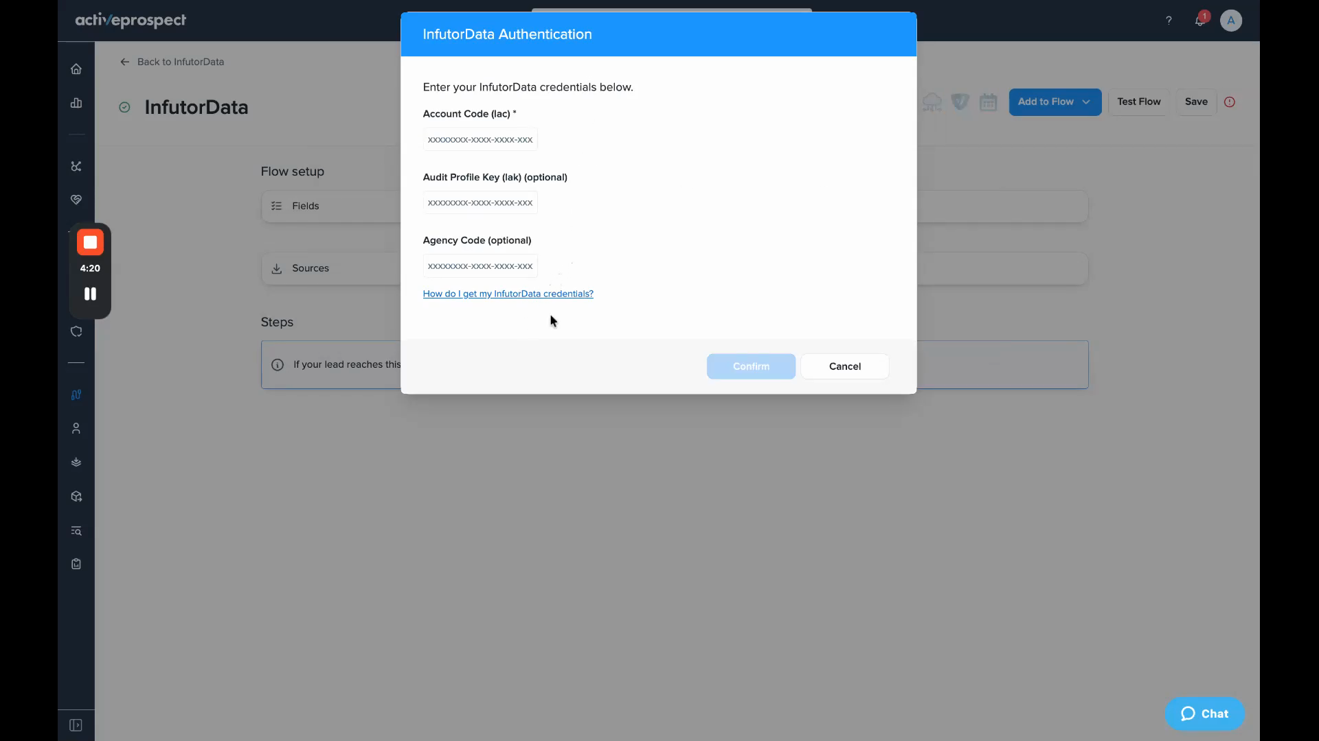 InfutorData Authentication dialog with Account Code and optional fields