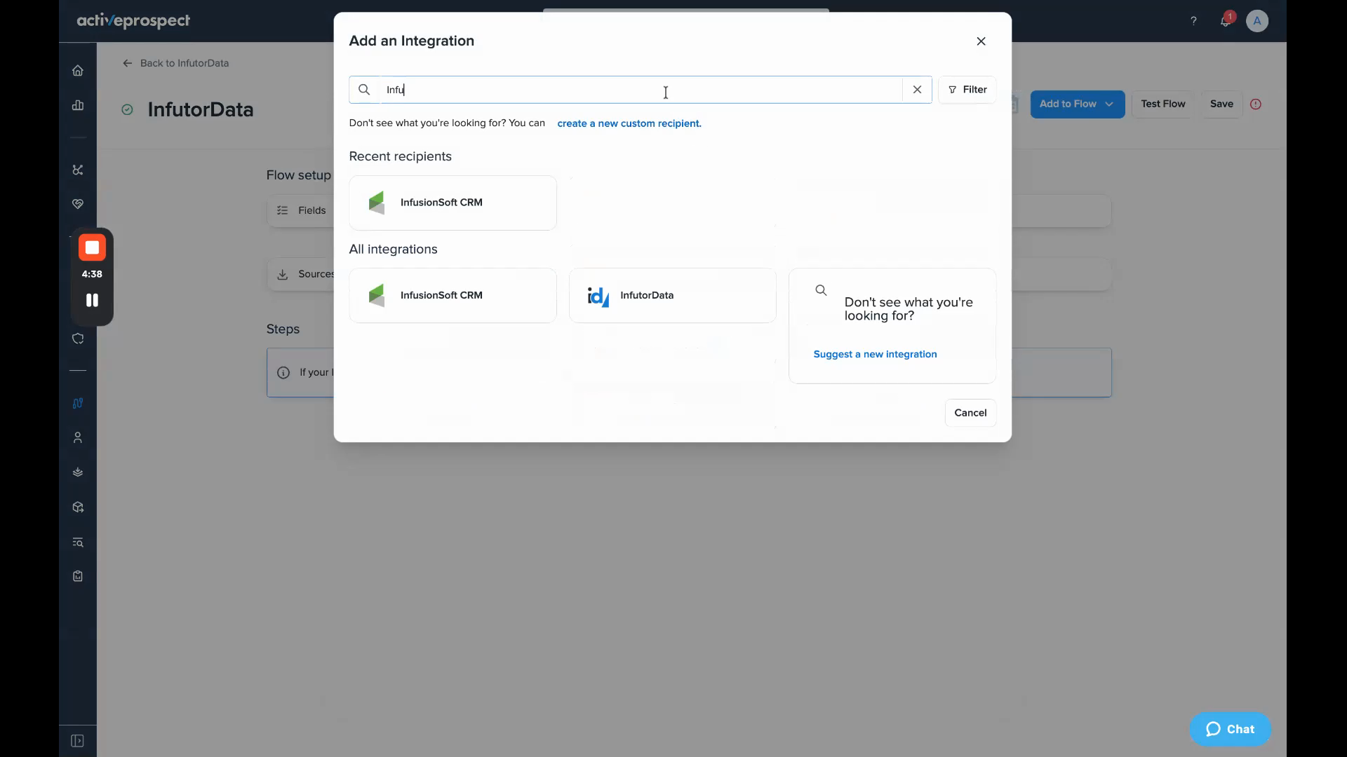 Add an Integration dialog with the InfutorData tile shown for the search term