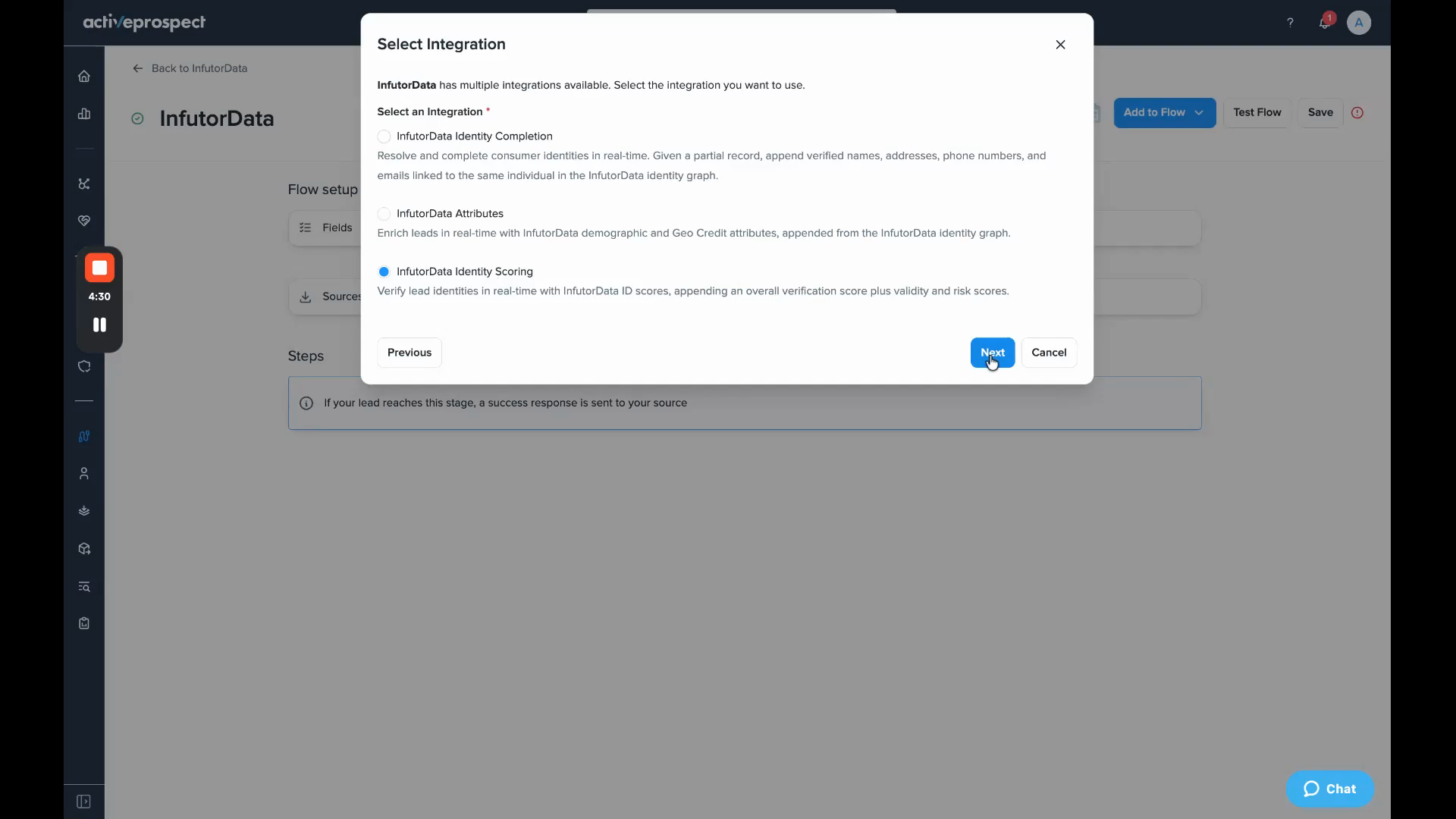 Select Integration dialog with InfutorData Identity Scoring selected