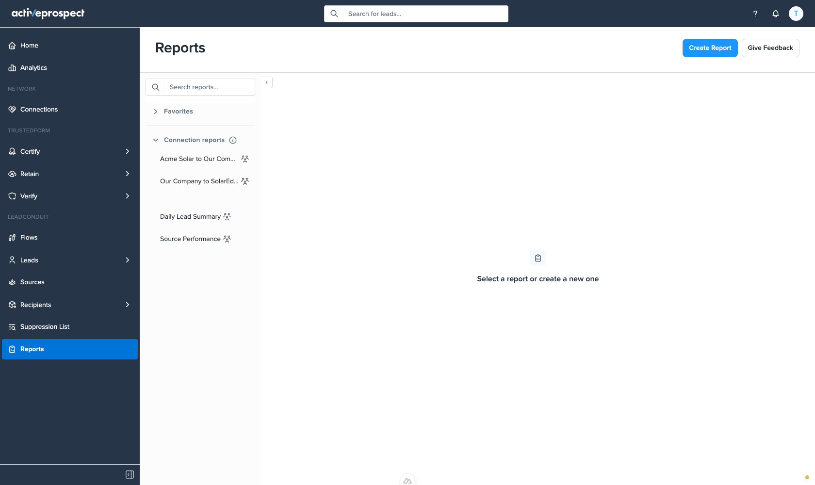 The Give Feedback button at the top of the Reports screen