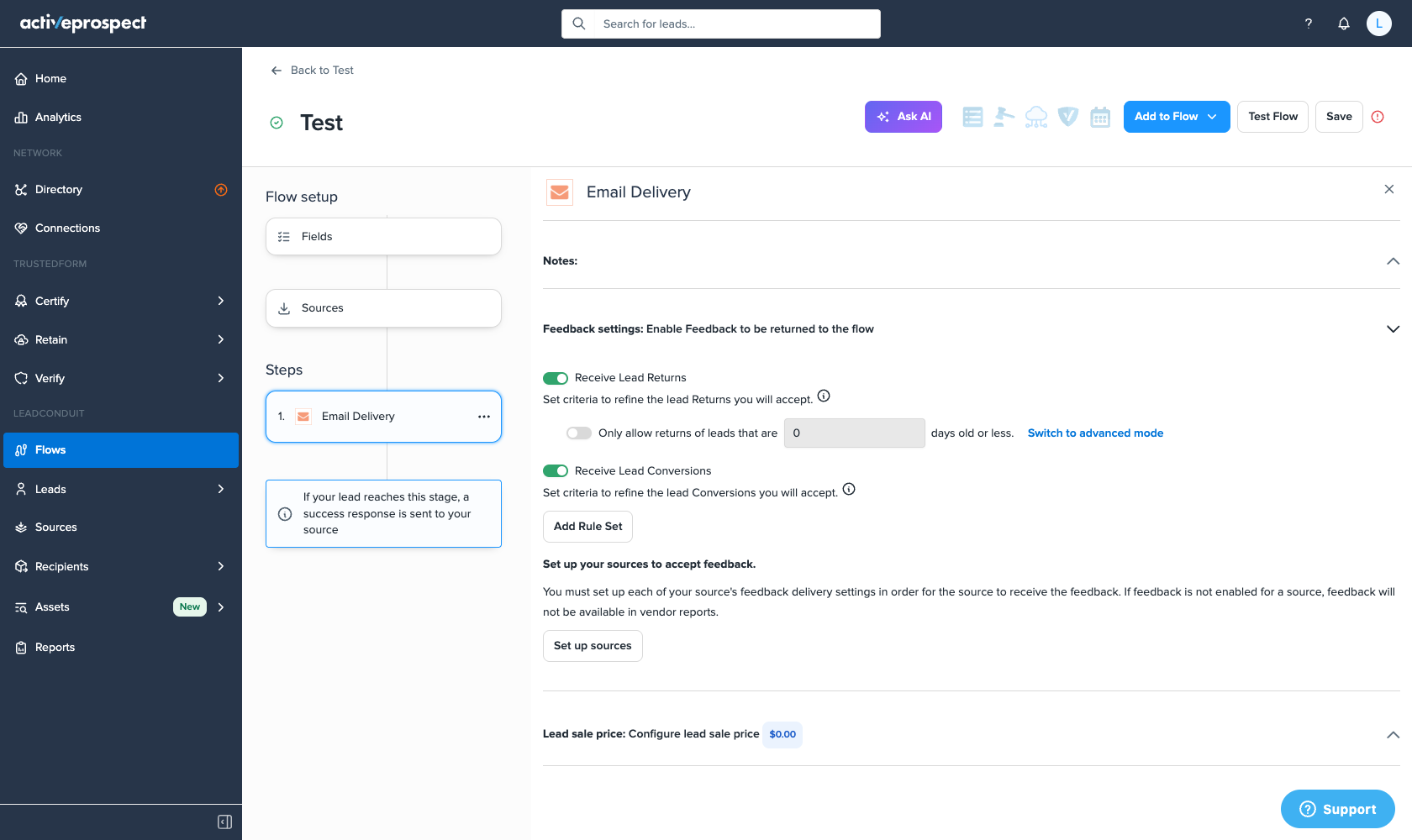 The Feedback settings panel on a delivery step, with returns and conversions enabled