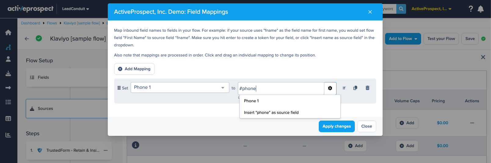 source field mappings modal
