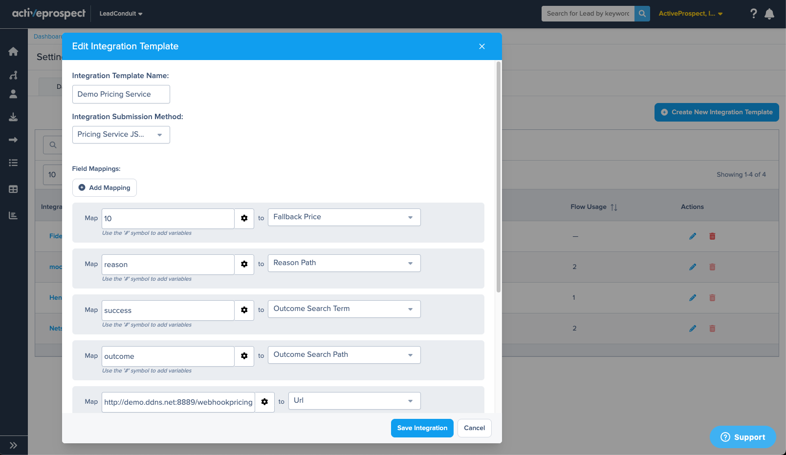 integration template configuration modal