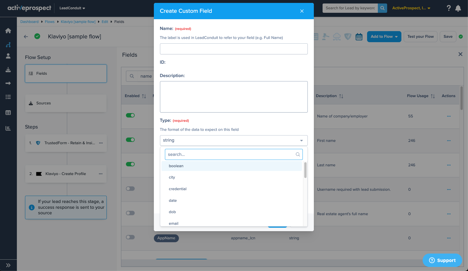 custom field creation modal