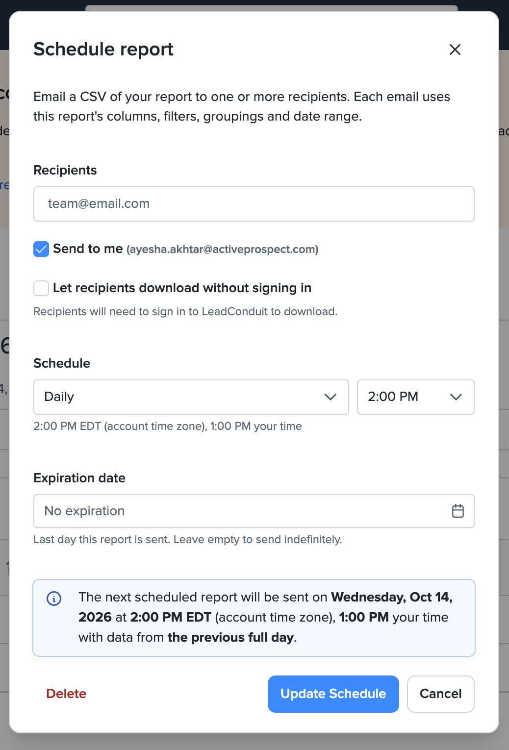 The edit window with Update Schedule and Delete