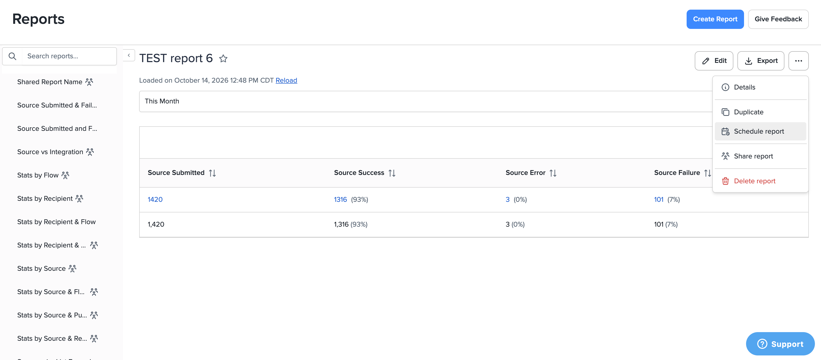 The Schedule report option in a report's menu