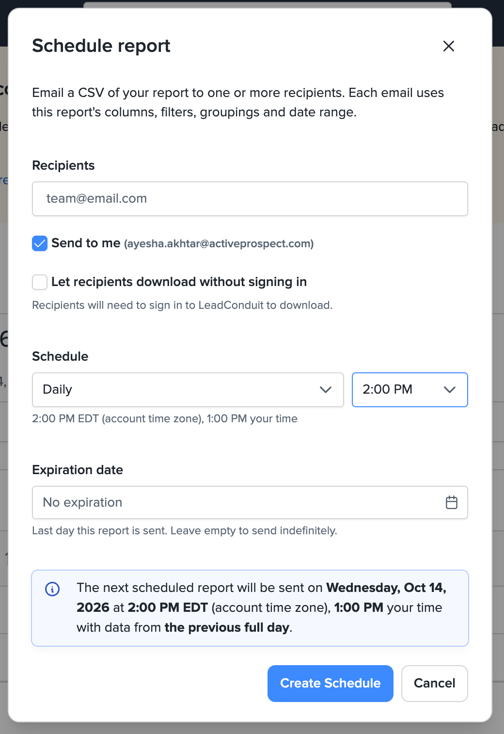 The Schedule report window