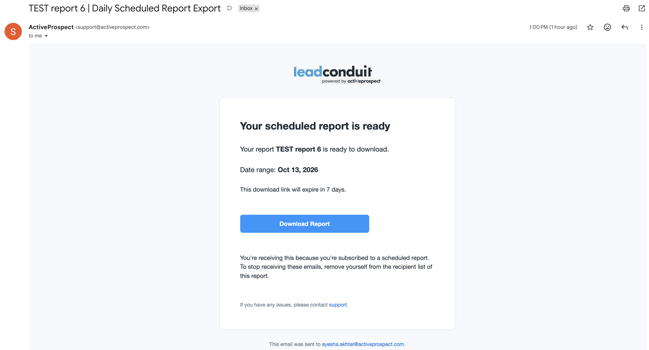 A scheduled report email with the download link